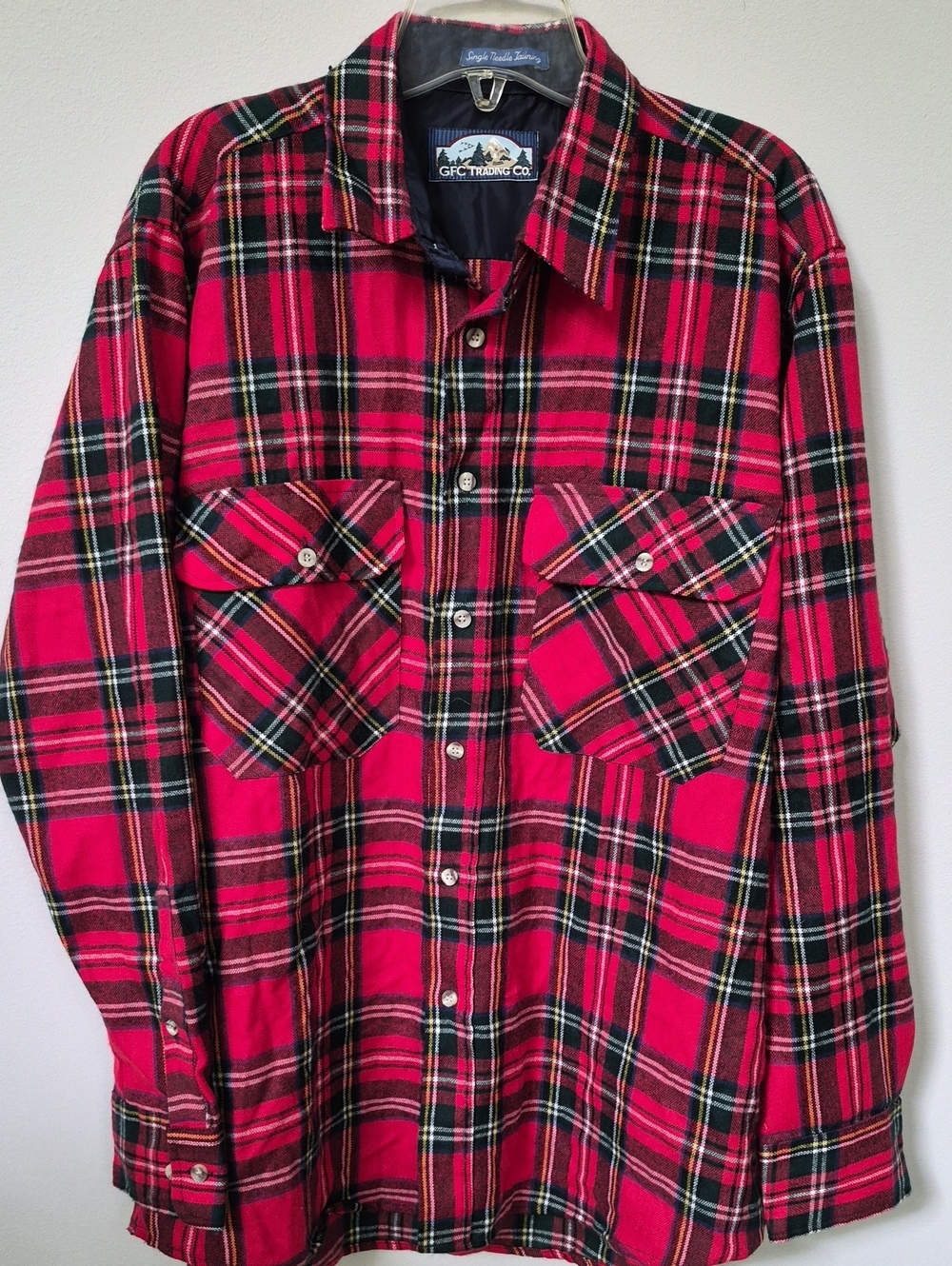 Red Plaid Flannel Button-Down Shirt Shacket GFC Trading Mens L Vintage Tartan